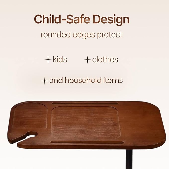 DAVIDOK C-Shaped Sofa End Table, Adjustable Height Couch Side Table with Device Slot, Brown Color with Black Metal Stand, Couch Table for Living Room, Bedroom