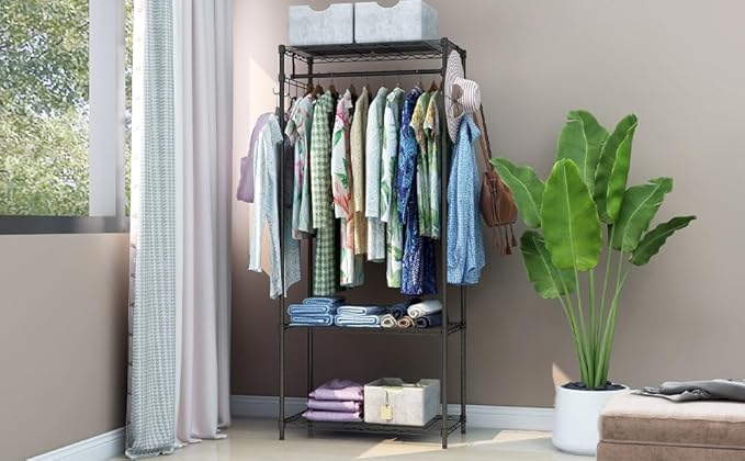 Xiofio 3 Tiers Heavy Duty Clothing Rack, Metal Garment Rack Coat Rack, Clothes Rack with 2 Side Hooks,Hanging Adjustable Garment Rack for Bedroom Living Room Laundry Room Balcony Garden,Black