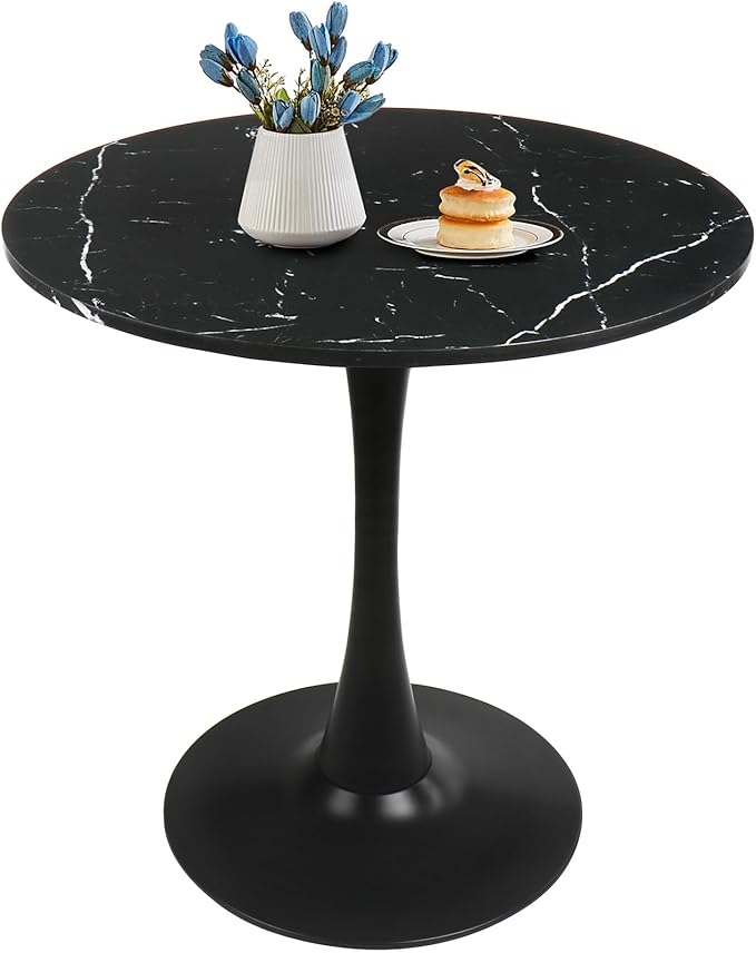 Small Space 27.5 Inch Black Faux Marble Round Tulip Dining Table - Mid Century Pedestal Base Kitchen Table for 2-4 People - Easy Assembly & Easy to Clean