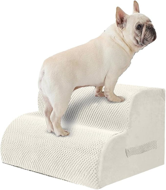 PAWSCART Dog Stairs for Small Pets, 11.8" H with 30D Material Soft Foam, Portable Ramp Non-Slip Surface Non-Slip for Couch and High Bed Climbing, 2-Step Stairs for Cat or Dog, Beige