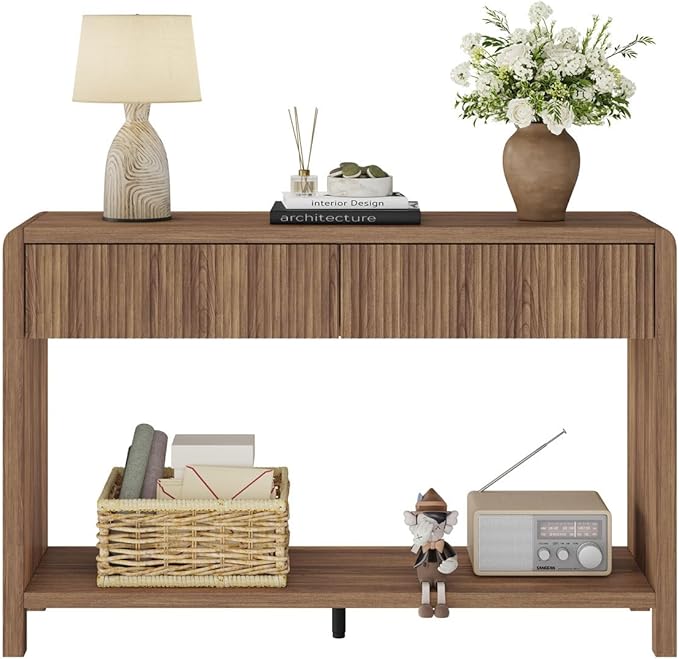 FATORRI Console Sofa Table for Entryway, Wood Foyer Tables for Living Room, Farmhouse Couch Table behinde Sofa with 2 Drawers for Hallway Storage (47.2 inch, Walnut)