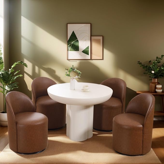 Modern Barrel Dining Chairs Set of 4, Swivel Base Cognac PU Leather Accent Chair 360°Rotating Mid-Century Dining Side Chair Kitchen Chair for Living Room, Bedroom, Home, Office, Kitchen(Brown)