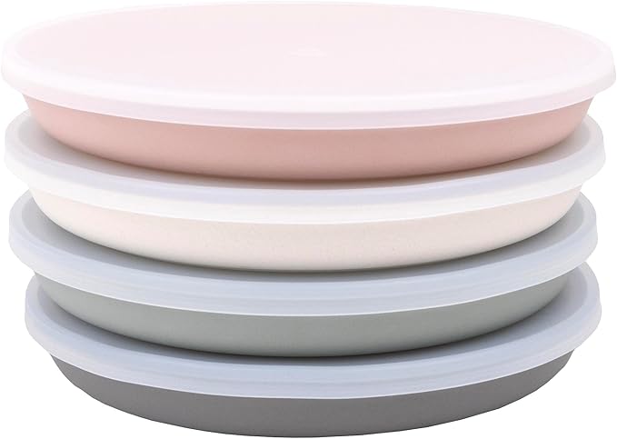 WeeSprout Bamboo Plates with Silicone Lids, Set of 4, Kid-Sized Dinnerware, Cereal, Leftovers & Snacks, Dishwasher Safe Melamine Dishware (Pink, Green, Gray, and Beige)