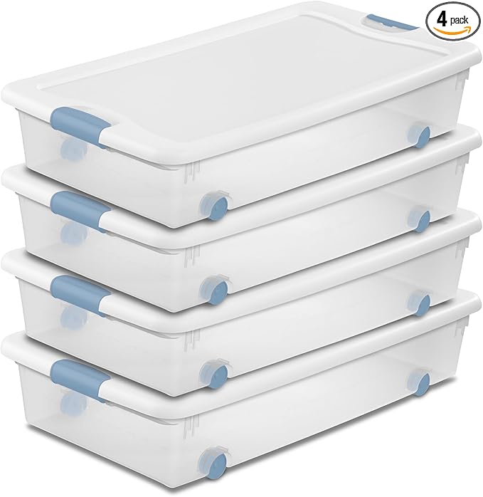 Sterilite 4-Pack Latching Box, Under Bed Storage Bins with Lids, Clear Plastic, 56 Quart - Heavy-Duty Organizing Containers for Closet, Bathroom, and Office
