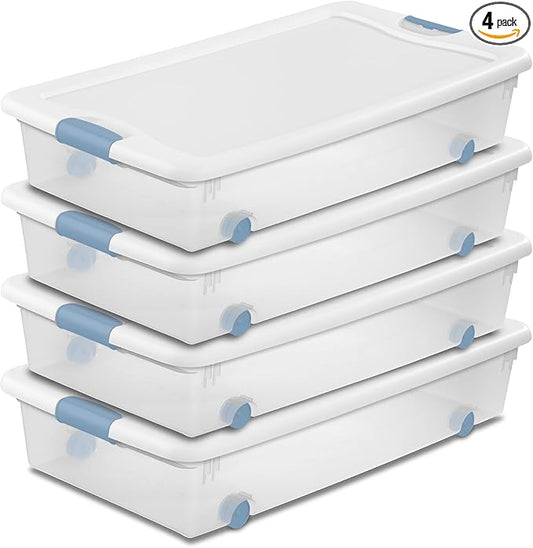 Sterilite 4-Pack Latching Box, Under Bed Storage Bins with Lids, Clear Plastic, 56 Quart - Heavy-Duty Organizing Containers for Closet, Bathroom, and Office