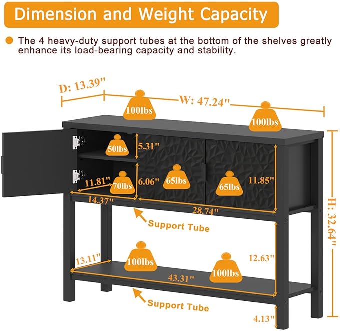 FATORRI Console Sofa Table, Entryway Table with Storage, Modern Foyer Tables with Doors for Hallway Dining Living Room (47.24 Inch Wide, Black)