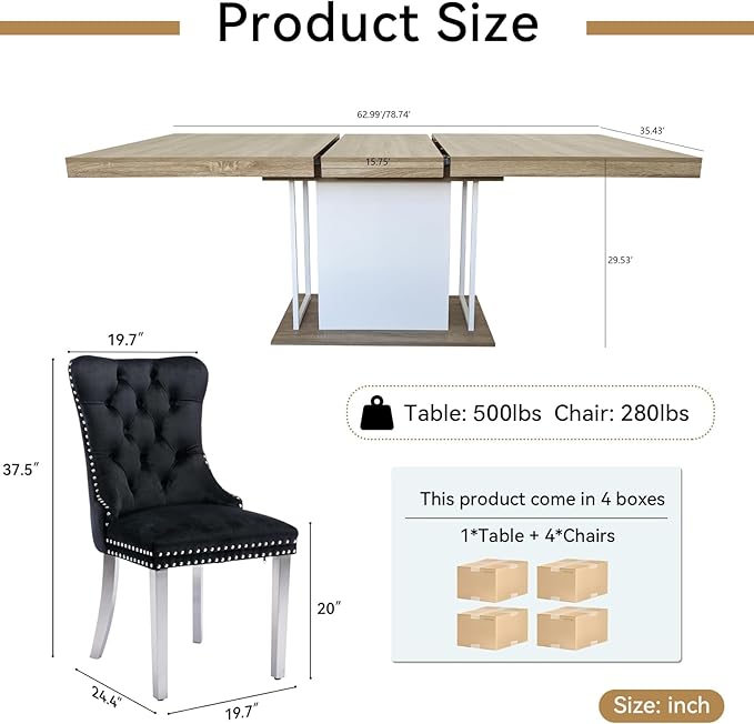 Goujxcy 78.7" Farmhouse Extendable Dining Room Table Set for 4, 5-Piece Rectangle Kitchen Dining Room Table Set with Wood Base and 4 Black Velvet Dining Chairs, Extending Kitchen & Dining Table Set