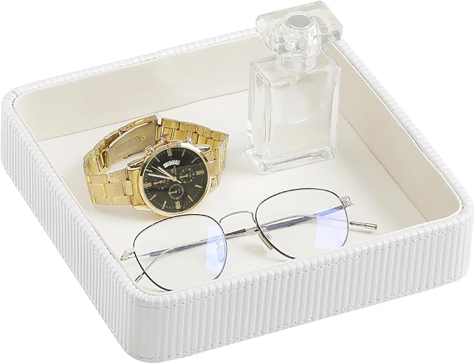 Small Valet Tray, 8"x8" Nightstand Organizer for Women Men| PU Leather Desk Organizer Trinket Dish| Decorative Vanity Tray Catch All Key Bowl for Dresser Bedside Coffee Table Entryway (Cream)