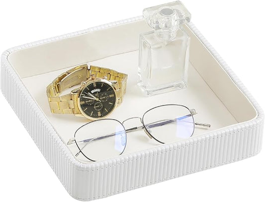 Small Valet Tray, 8"x8" Nightstand Organizer for Women Men| PU Leather Desk Organizer Trinket Dish| Decorative Vanity Tray Catch All Key Bowl for Dresser Bedside Coffee Table Entryway (Cream)