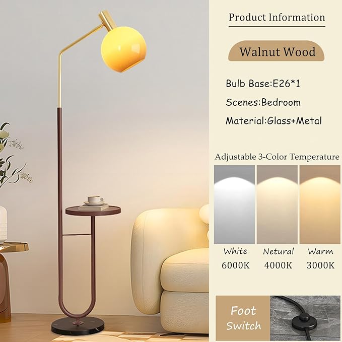 MIXL-Rustic Floor Lamp with Table,Glass Shade Floor Light with Foot Switch,Art Deco Bedside Reading Lamp,Mid Century Modern Standing Lamp for Study Room Office and Corner