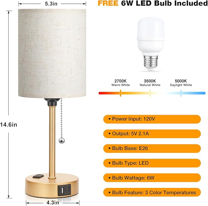 Dicoool Elegant Gold Bedside lamp for Bedroom - 3 Color Temperatures Small Table Lamp with USB C and A Ports, Pull Chain Table Lamps with AC Outlet, Cream Nightstand Lamps for Kids Reading Study