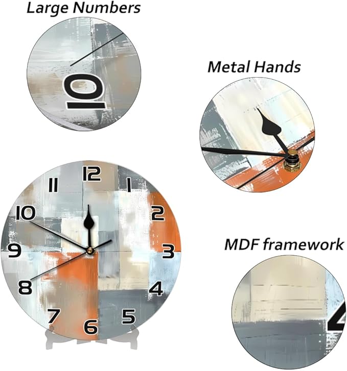 Abstract Orange Grey White Beige Art Wall Clock Battery Operated 10 in Round Wall Clocks Slilent Non Ticking Quartz Analog Clock for Bedroom Kids Living Room Classroom Decor