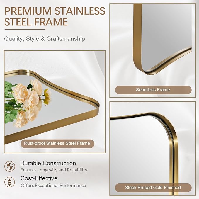 ANDY STAR 30x48 Inch Brushed Gold Mirror, Large Asymmetrical Wall Mirror, Antique Gold Mirror in Anti-Rust Stainless Steel Frame, Unique Designed Frame Ideal for Home Remodel