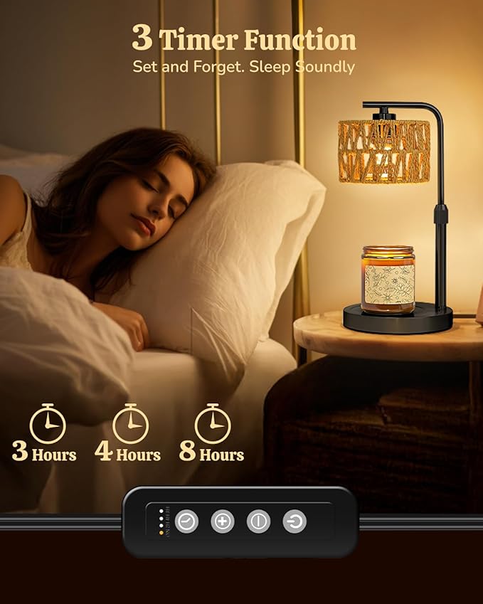 Candle Warmer Lamp, Timer Dimmable Candle Lamp, Adjustable Height and Brightness Candle Warmer, Boho Rattan Lampshade and 2 Bulbs, Suitable for Home Decor, Birthday Gifts for Women Mom (Black)