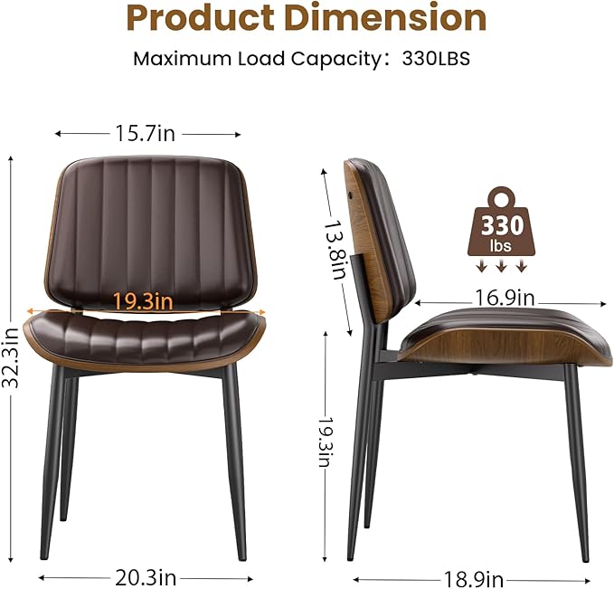 Dining Chairs Set of 6, Mid Century Modern Dining Room Kitchen Chairs, Upholstered PU Leather Vertical Stripe Chairs for Vanity with Walnut Bentwood and Metal Legs, Brown