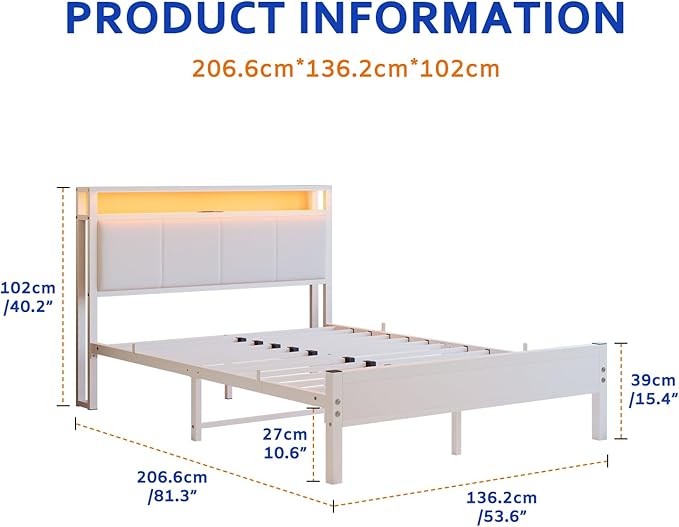Full Size Bed Frame with LED Lights,Upholstered Headboard with Storage Shelves&Charging Station, Heavy Duty LED Bed Frame Full Mattress Foundation No Box Spring Needed, Noise Free,White