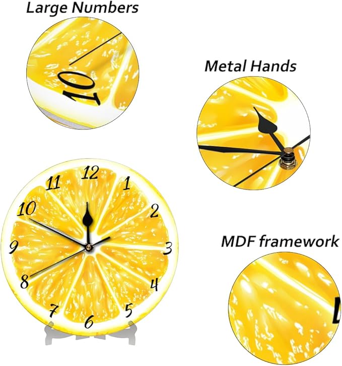 Yellow Lemon Wall Clock Battery Operated 10 in Round Wall Clocks Slilent Non Ticking Quartz Analog Clock for Bedroom Kids Living Room Classroom Decor