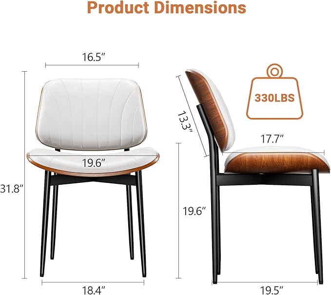 Dining Chairs Set of 2, FSC Certified Mid Century Modern Accent Dining Room and Kitchen Chairs, Upholstered PU Leather Shell Chairs for Vanity with Walnut Bentwood and Metal Legs, White
