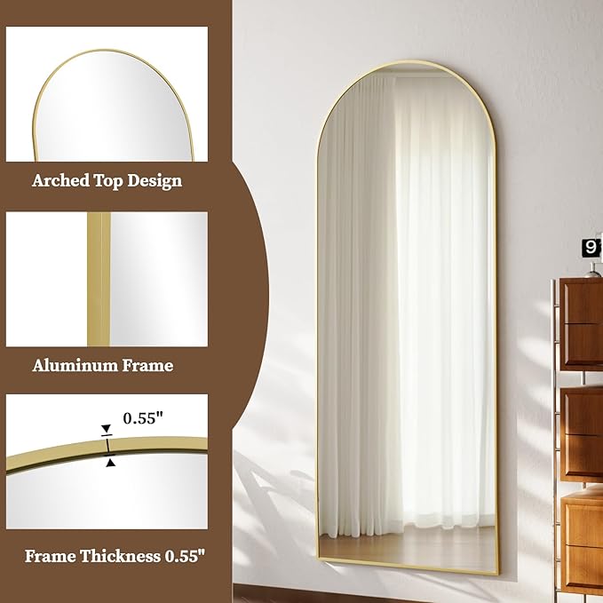 65 x 24 inch Arched Full Length Mirror - Full Body Floor Mirror, ShatterVue Tempered Glass, Standing, Leaning, Wall Mounted for Living Room, Bedroom, Gold