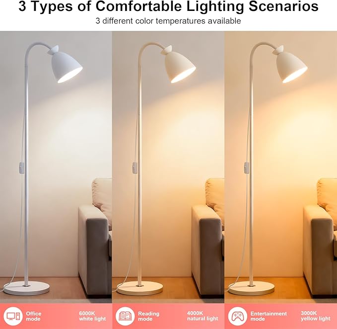 White Floor Lamp for Living Room Corners Bedroom Bedside Kids room dorm Library,9W LED tri Color Dimming, Gooseneck Adjustment, Iron Lampshade, Work Desk Lamp,Tall Standing Reading Light, home decor