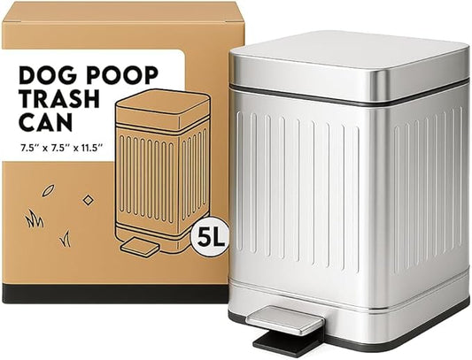 Small Dog Poop Trash Can Outside, 1.3 Gal Stainless Steel Dog Waste Trash Can, Waterproof Small Poop Bucket Outdoor with Lid, Poop Pail for Dogs, Dog Poop Bin Outdoor with Odor Control (Steel)