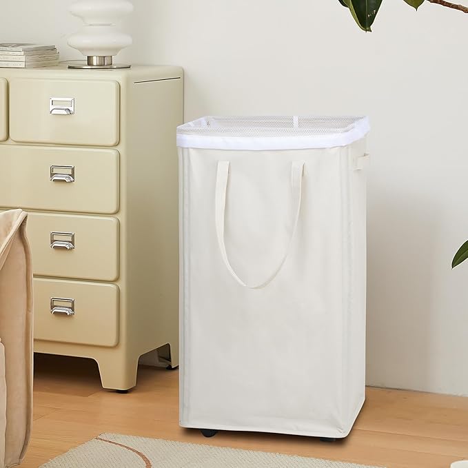 DOKEHOM 90L X-Large Laundry Basket with Removable Wash Bag on Wheels, Collapsible Rolling Laundry Hamper, Foldable Clothes Organizer, Folding Washing Bin (Beige)