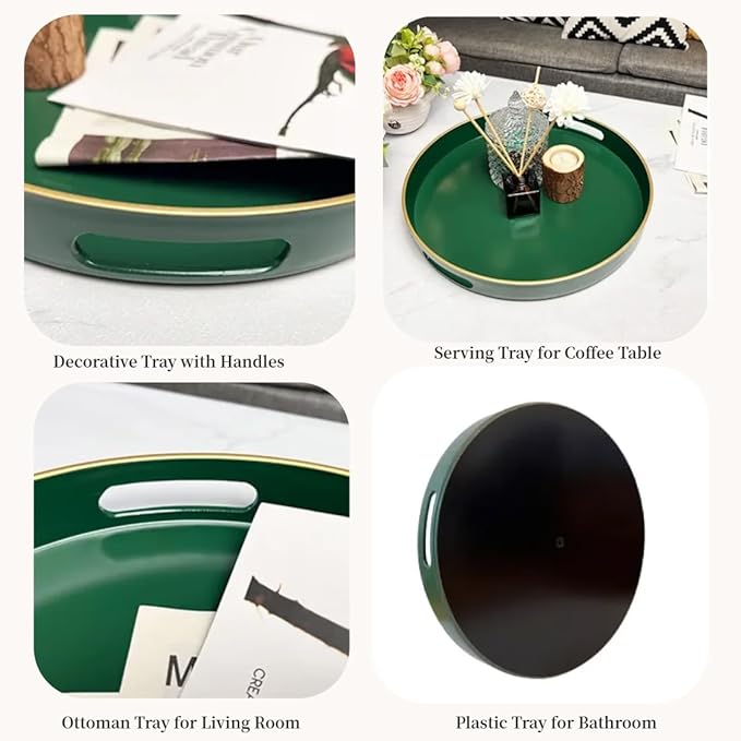 Green Round Serving Tray, Decorative Serving Trays with Handles, Coffee Table Tray Living Room, Plastic Tray for Ottoman.13