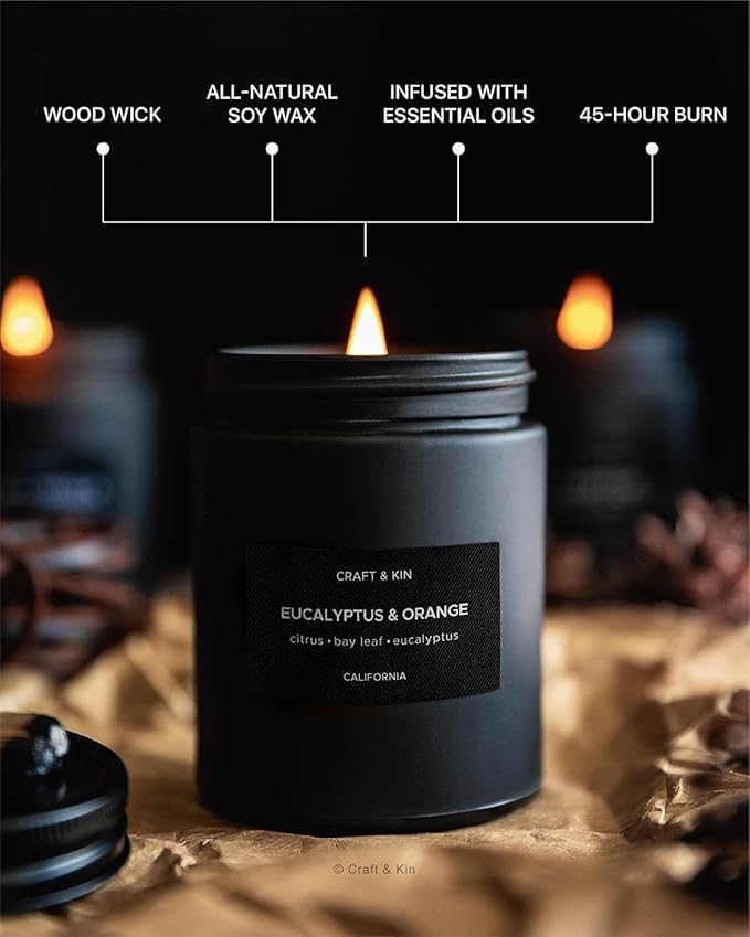 Craft & Kin Premium Orange & Eucalyptus Candle | Black Christmas Scented Candles for Home | Long Lasting with 45 Hour Burn Time, 7.6oz | Soy Holiday Candle | Aromatherapy at Home | Gifts for Men