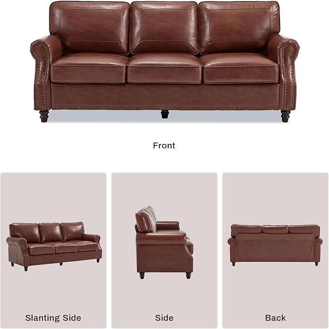 WILLOVE Faux Leather Sofa, Mid Century Modern Couch with Rolled Arm & Nailhead Trim for Living Room, Office - Retro Brown