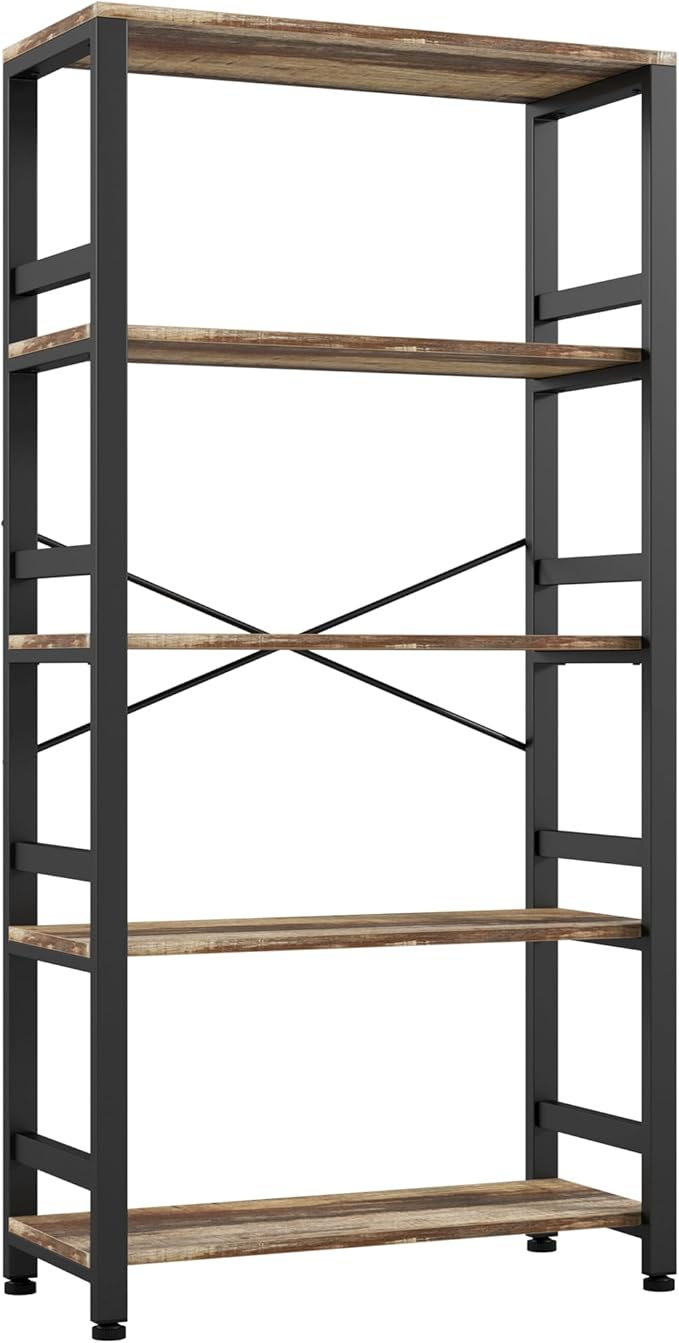 IRONCK Bookshelves and Bookcases, 31.5in Wide Shelf 5-Tier Ladder Shelf 110lbs/shelf Vintage Industrial Style Bookcase for Bedroom Living Room Home, Rustics Brown