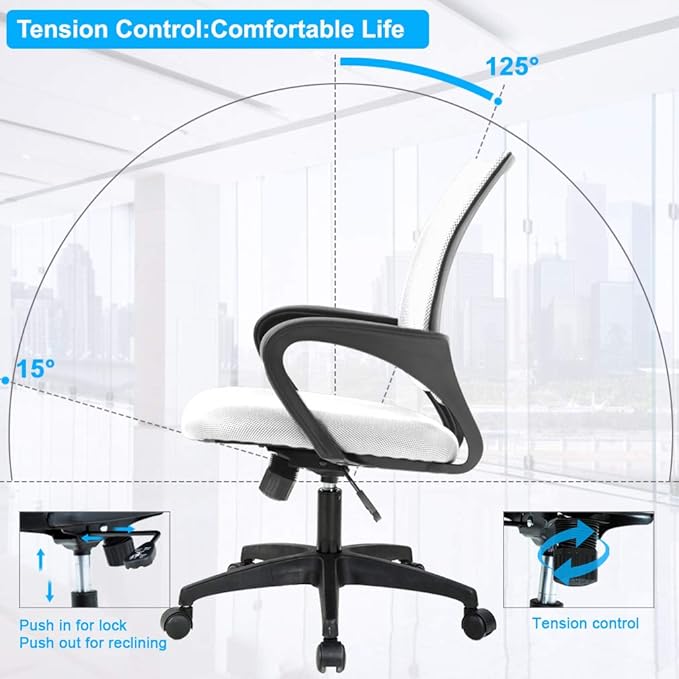 BestOffice | Ergonomic Office Chair | Mid-Back Swivel Desk Chair | Breathable Backrest & Lumbar Support | Adjustable Height | Sponge Seat | Rolling Wheels | White | for Adults & Women