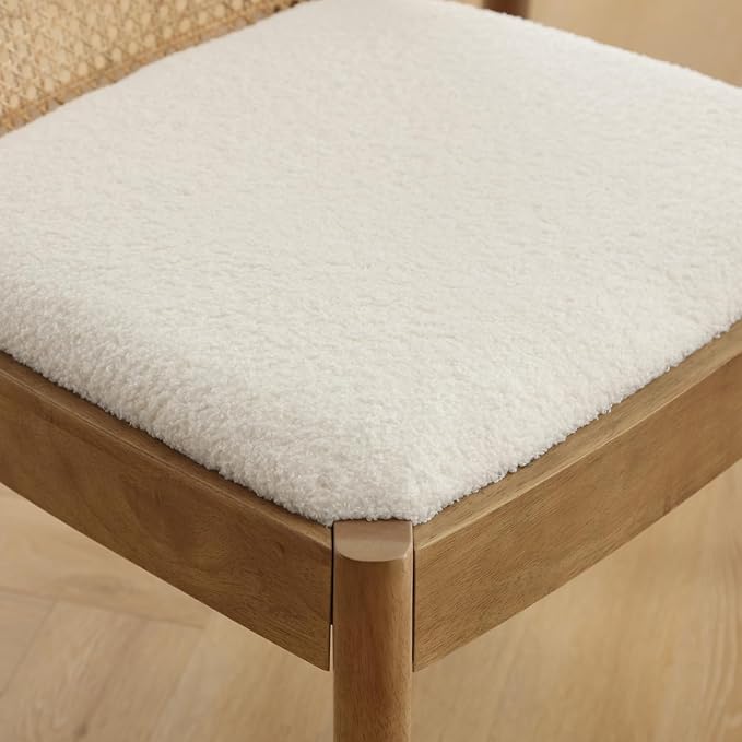 Mid Century Dining Chairs Set of 6, Accent Rattan Side Chairs Sherpa Fabric Kitchen Chair with Solid Wooden Legs for Living Room Dining Room, White