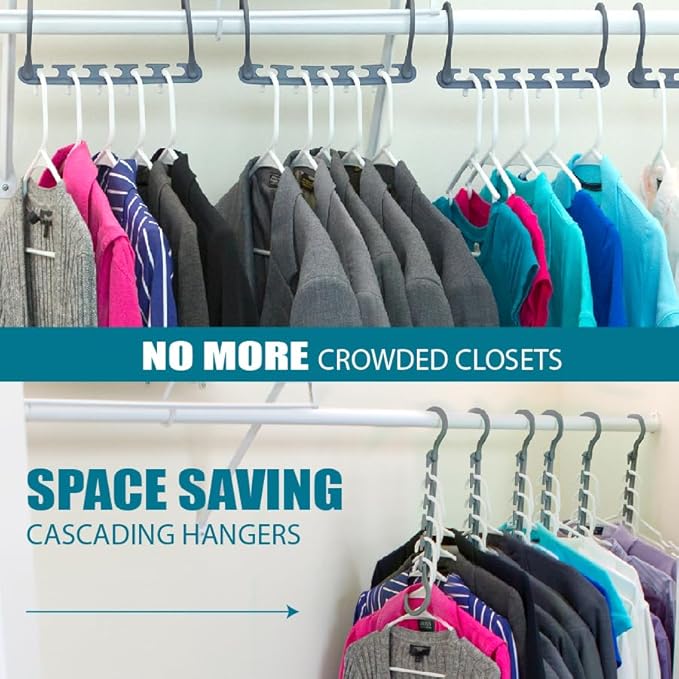 Wonder Hanger Max 10-Pack Space Saving Hangers, Reinforced Hooks Swivels 360°, Cascading Hanger, College Dorms & Storage Closet Organizer, Fully Assembled – Grey