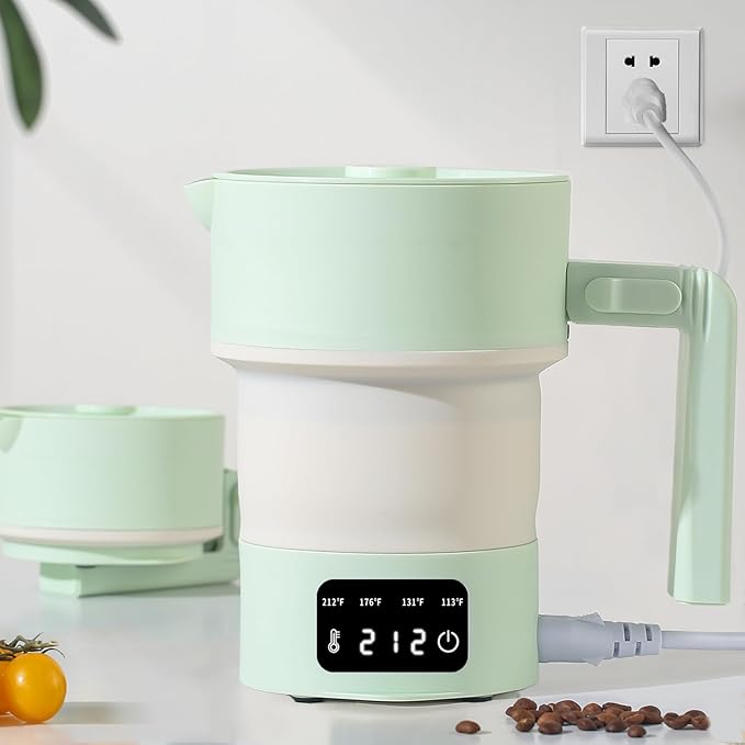 Travel Electric Kettle-Collapsible Portable Electric Kettle, 600W Foldable Small Water Boiler with 4-Temp Presets, Food Grade Silicone for Hotel, Office, Camping (Green, 600mL)