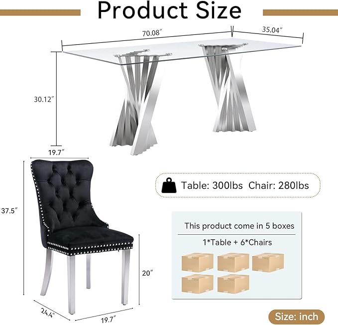 Goujxcy Modern 7 Piece Glass Dining Table Set Luxury Glass Kitchen Table and Chair Set for 6, 70" Large Rectangular Dining Room Table with 6 Tufted Chairs and Stainless Steel Legs (Silver & Black)