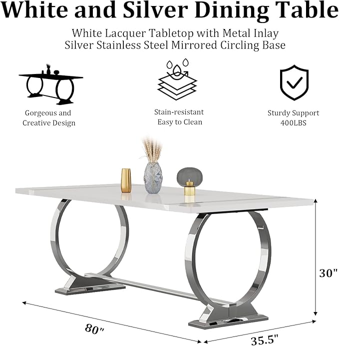 ACEDÉCOR 80" White and Silver Dining Table for 6-8, Modern Large Rectangular Lacquer Top and Chrome Metal U Shaped Base