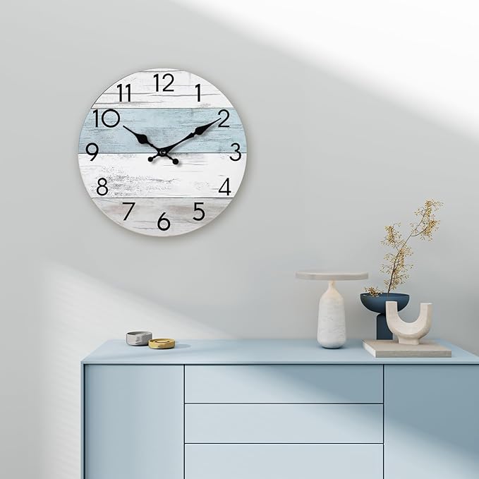 Wall Clock Silent Non-Ticking Wooden Clocks Battery Operated 10 Inch Small Country Retro Rustic and Beach Style Decorative for Living Room, Kitchen, Home,Bathroom, Bedroom (Blue)