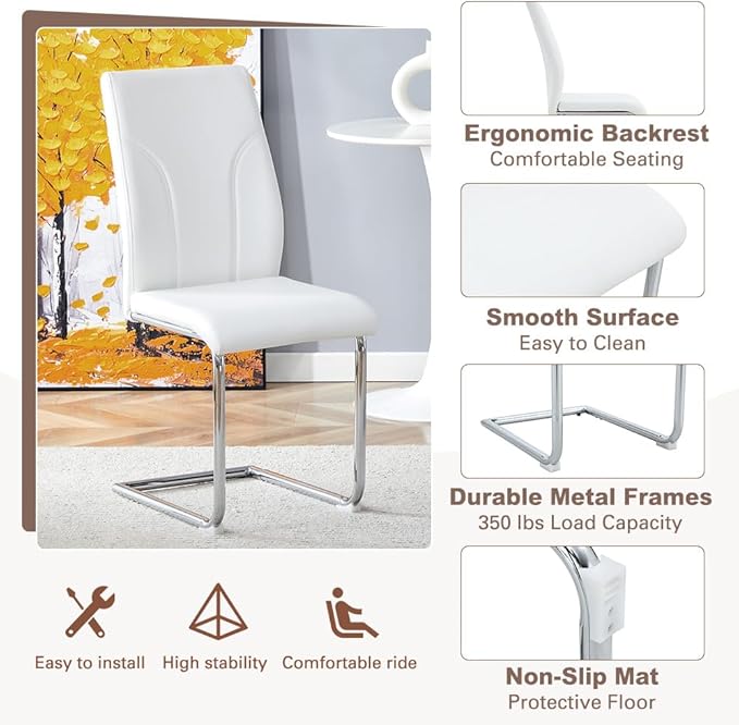 64.5" White Dining Table Set for 6, Modern Kitchen Table and Chairs Set with PU Leather Cushioned Chairs & Decorative Pedestal Base, 7 Piece Marble Pattern Dining Table Set for Dining Room or Kitchen