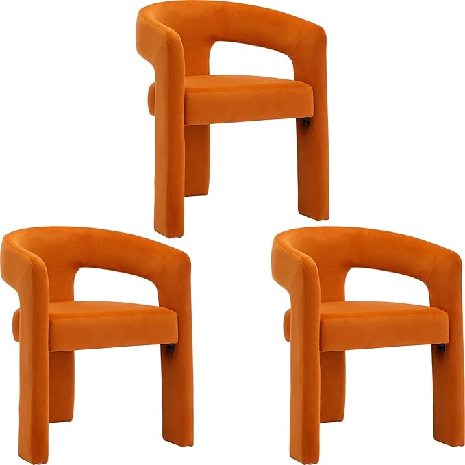 Set of 3 Modern Velvet Fabric Upholstered Dining Chairs with Open-Back, Cute Barrel Side Chairs Kitchen Armchair Accent Chairs for Dining Room Bedroom, Orange