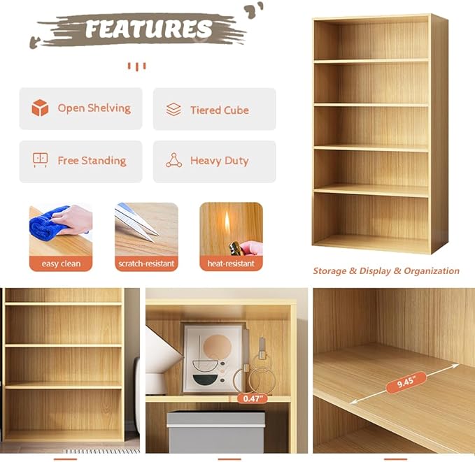 Basic Open Shelf Bookcase - 5-Tier Wooden Cube Storage Shelves Split Bookshelf, Oak