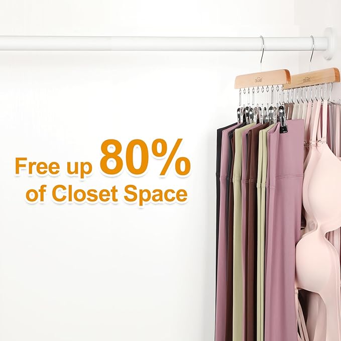 TOPIA HANGER 2 Pack Bra Hanger with Leggings Organizer, 2-in-1 Space Saving Hangers Neatly Store Max 20 Bras and 10 Leggings, Pants Jeans Shorts Skirt Tank Top Hanger for Closet Women Natural CT76N