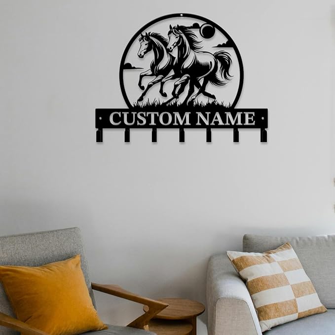 Personalized Custom Name Farm Horse Wall Key Hooks,Metal Horse Art Clothes Hooks,Metal Horse Wall Home Storage Decorative,For Front Door, Hallway, Kitchen, Bedroom,Keys,Hats (Style M)
