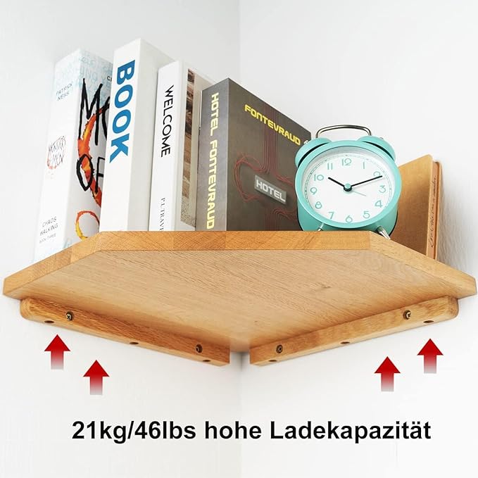 Corner Wall Shelf, Corner Floating Shelf Solid Oak Wood Display Shelf with Wire Hole Small Plant for Kitchen Living Room
