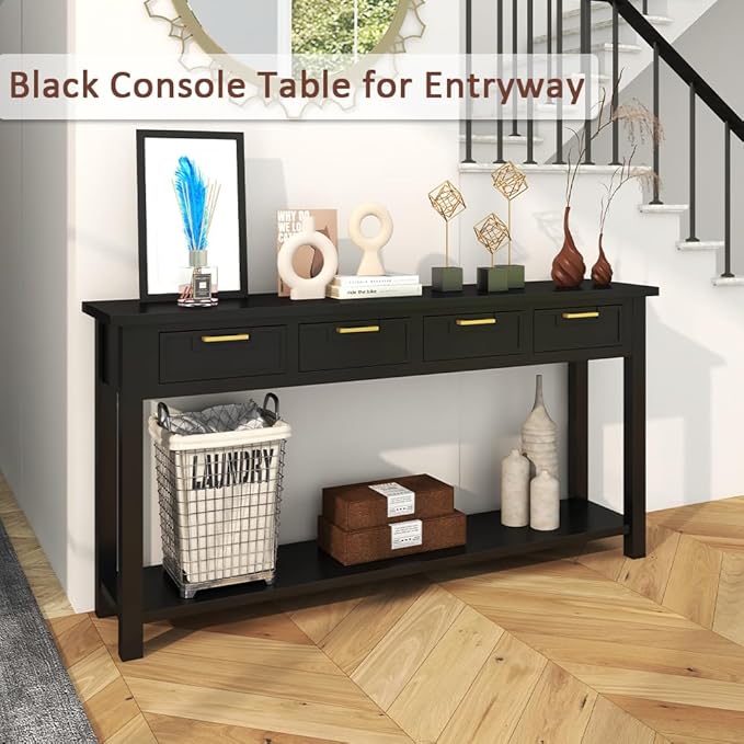Console Table for Entryway, 60 Inch Sofa Table w/4 Drawers and Bottom Shelf Narrow Long Hallway Table for Living Room Entryway Home, Black