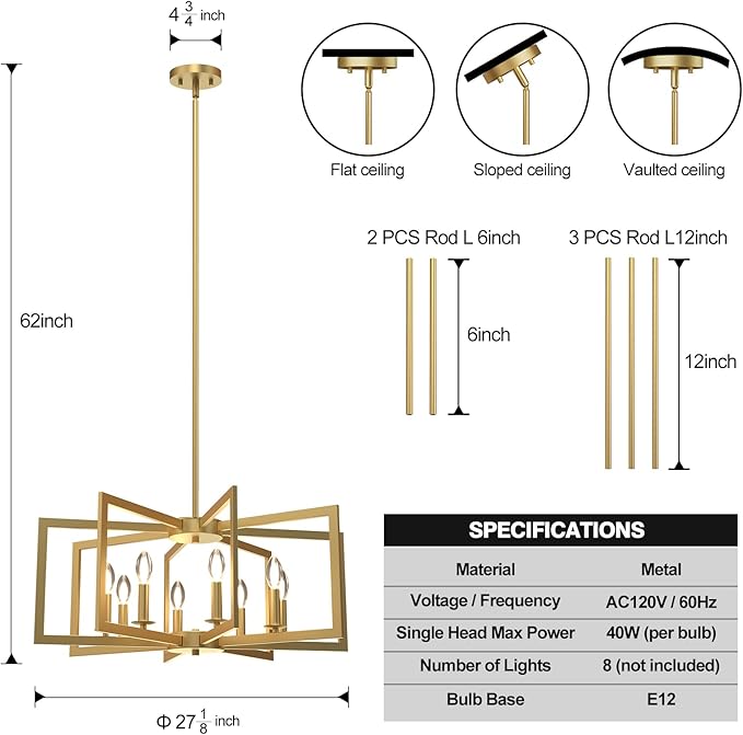 Modern Gold Chandelier, 8-Light Geometric Dining Room Light Fixture, Industrial Pendant Lights Kitchen Island, Hanging Metal Farmhouse Chandeliers for Dining Room Entryway Foyer Bedroom Kitchen ﻿