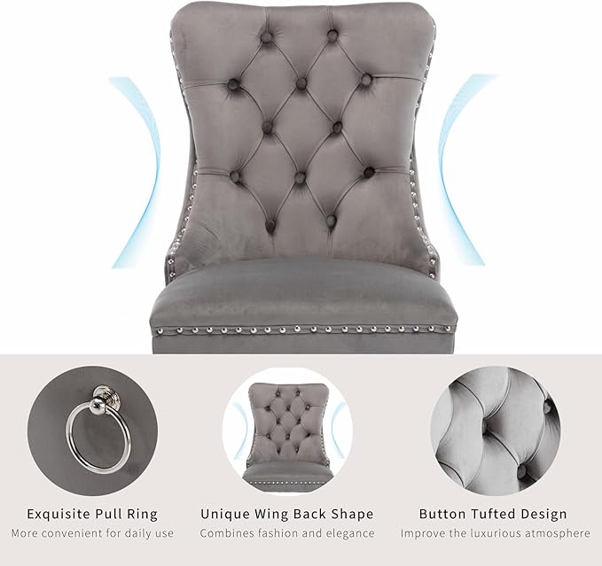 Luxury Upholstered Dining Chairs Set of 4, Grey Kitchen Chair with Silver Metal Legs, Velvet Tufted Back Dining Chair, Sillas de Comedor, Modern Kitchen & Dining Room Chairs (Gray, 4 Pcs)