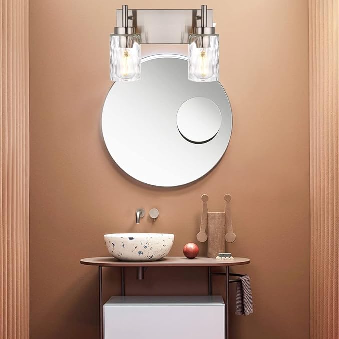 BONLICHT Bathroom Light Fixtures Modern 2 Light Brushed Nickel Vanity Light Wall Sconces Contemporary Metal Wall Lights with Clear Water Glass Shade,Industrial Farmhouse Porch Hallway Wall Mount Lamp