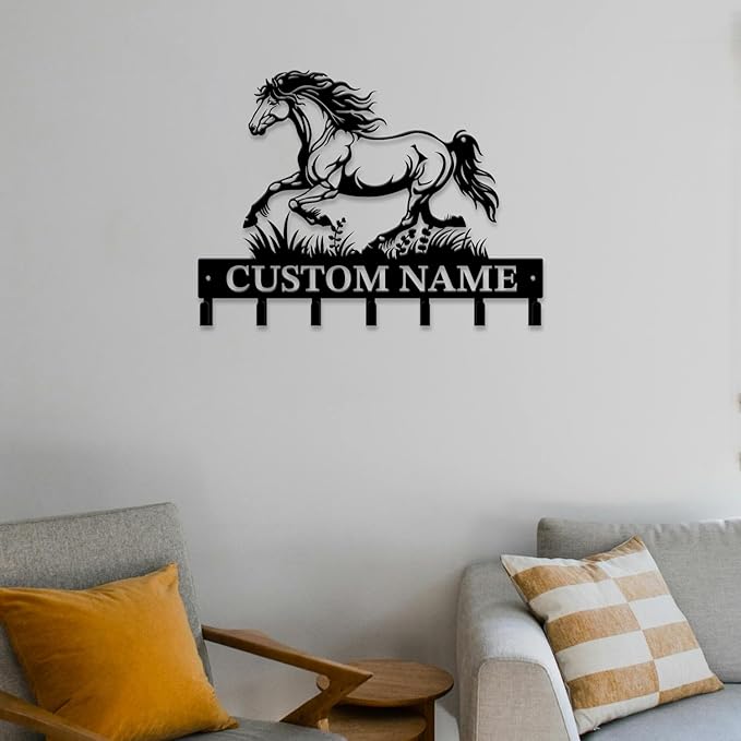 Personalized Custom Name Farm Horse Wall Key Hooks,Metal Horse Art Clothes Hooks,Metal Horse Wall Home Storage Decorative,For Front Door, Hallway, Kitchen, Bedroom,Keys,Hats (Style E)