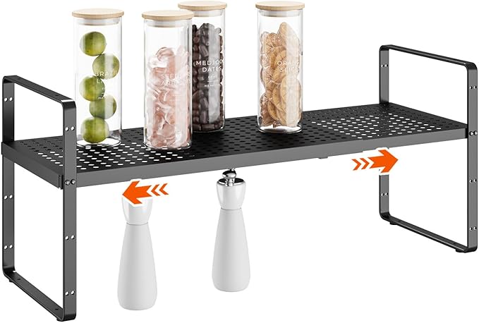 16.5-27’’L Expandable Cabinet Countertop Shelf Organizer, Stackable Metal Shelves, Kitchen Organizers and Storage, Black Storage Spice Rack for Pantry and Cupboard