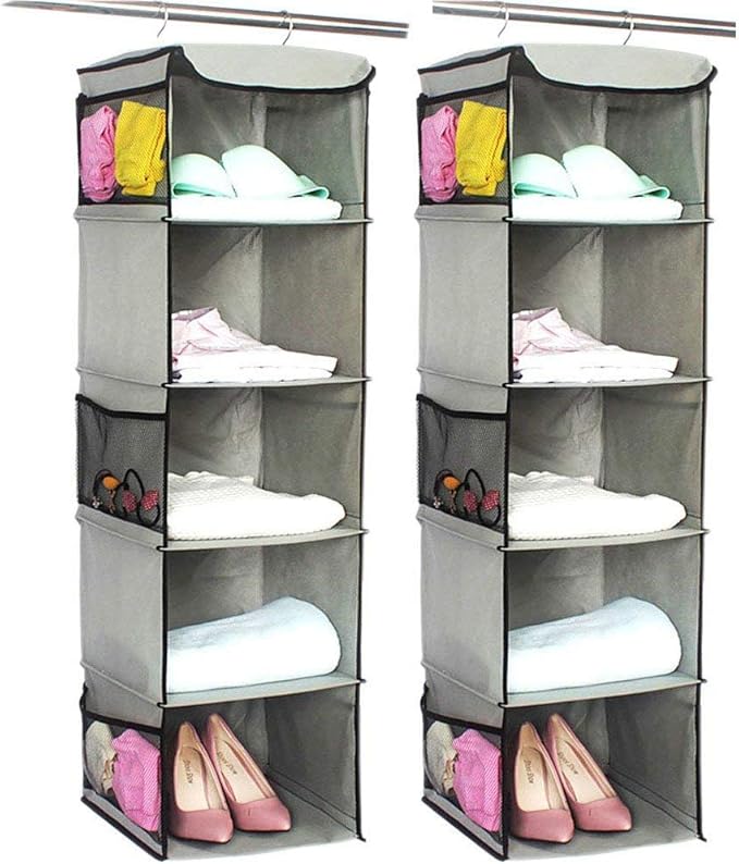 5 Shelves Hanging Closet Organizer, 2 Pack Hanging Storage with 6 Side Pockets for Clothes Bags, 43"x12"x12"(Gray)